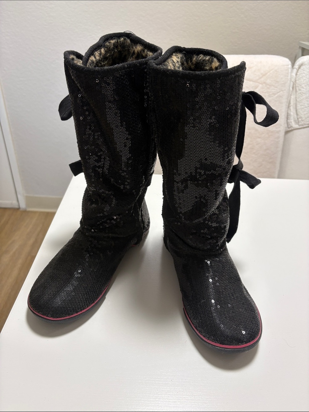 Sugar Black Sequin Mid-Calf Boots with Back Bow